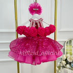 Hot pink girls princess dress with dimensional fabric roses and voluminous layered tulle skirt side view