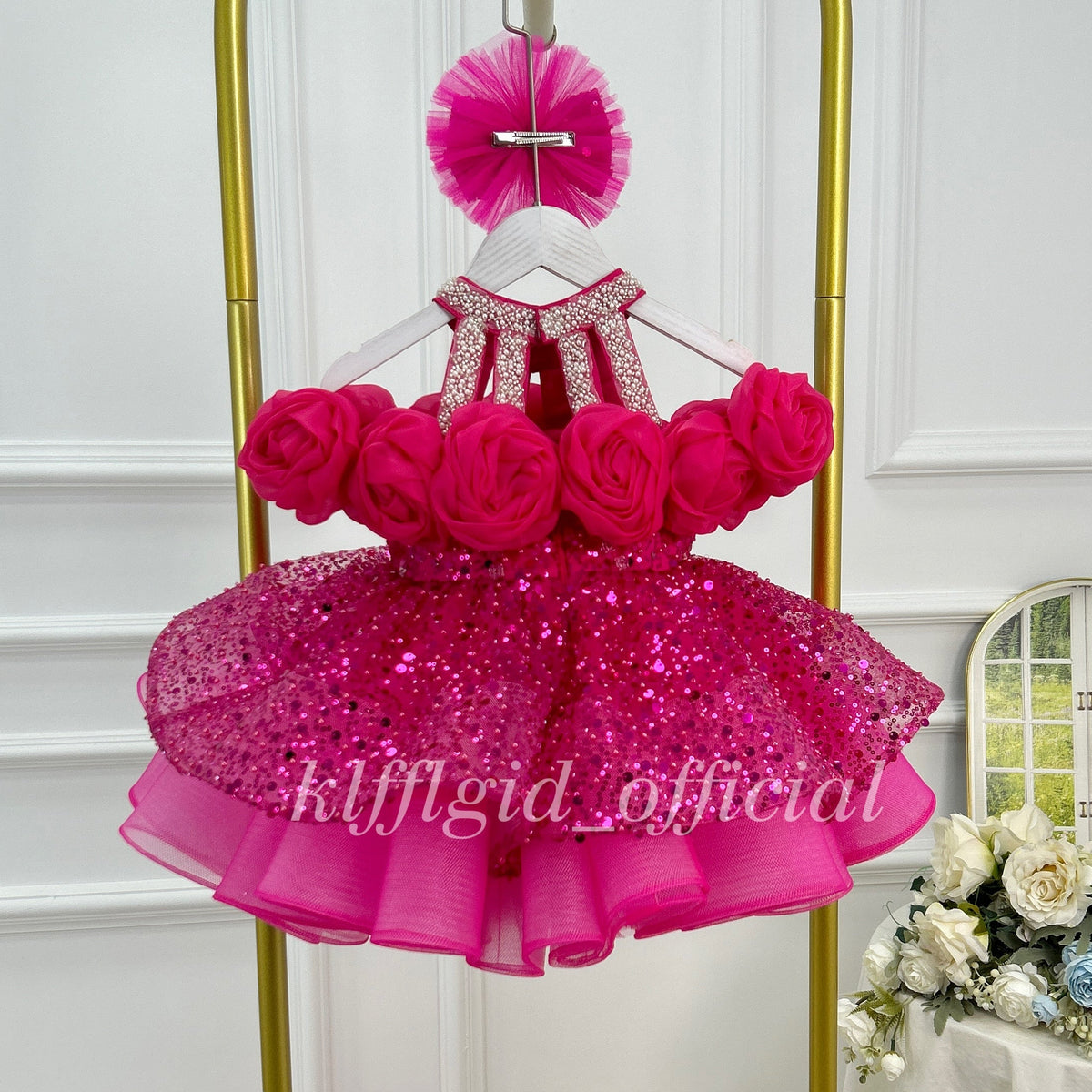 Hot pink girls princess dress with dimensional fabric roses and voluminous layered tulle skirt side view