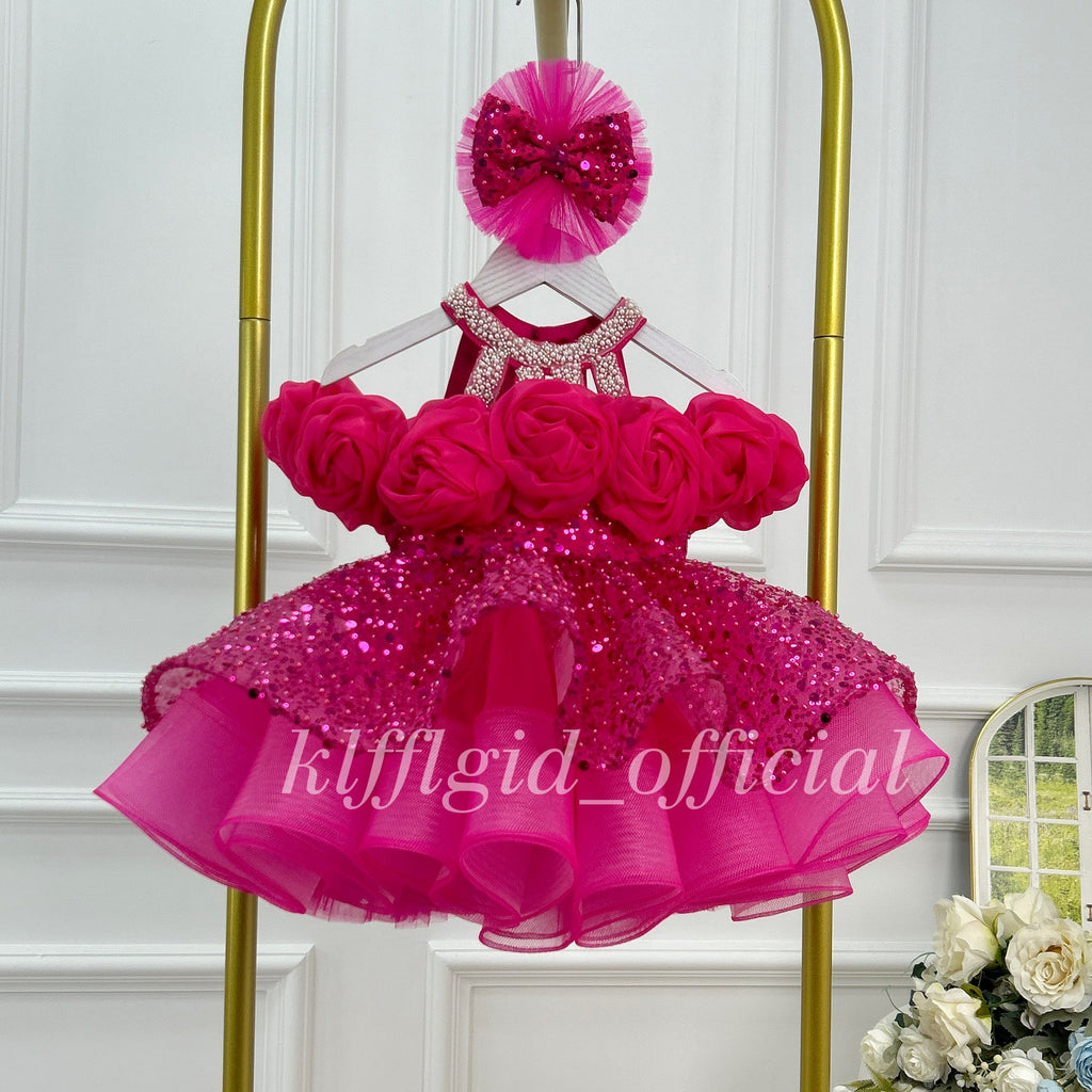 Hot pink sequin princess dress for girls with 3D rose bodice and layered tulle skirt front view