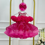 Hot pink sequin princess dress for girls with 3D rose bodice and layered tulle skirt front view