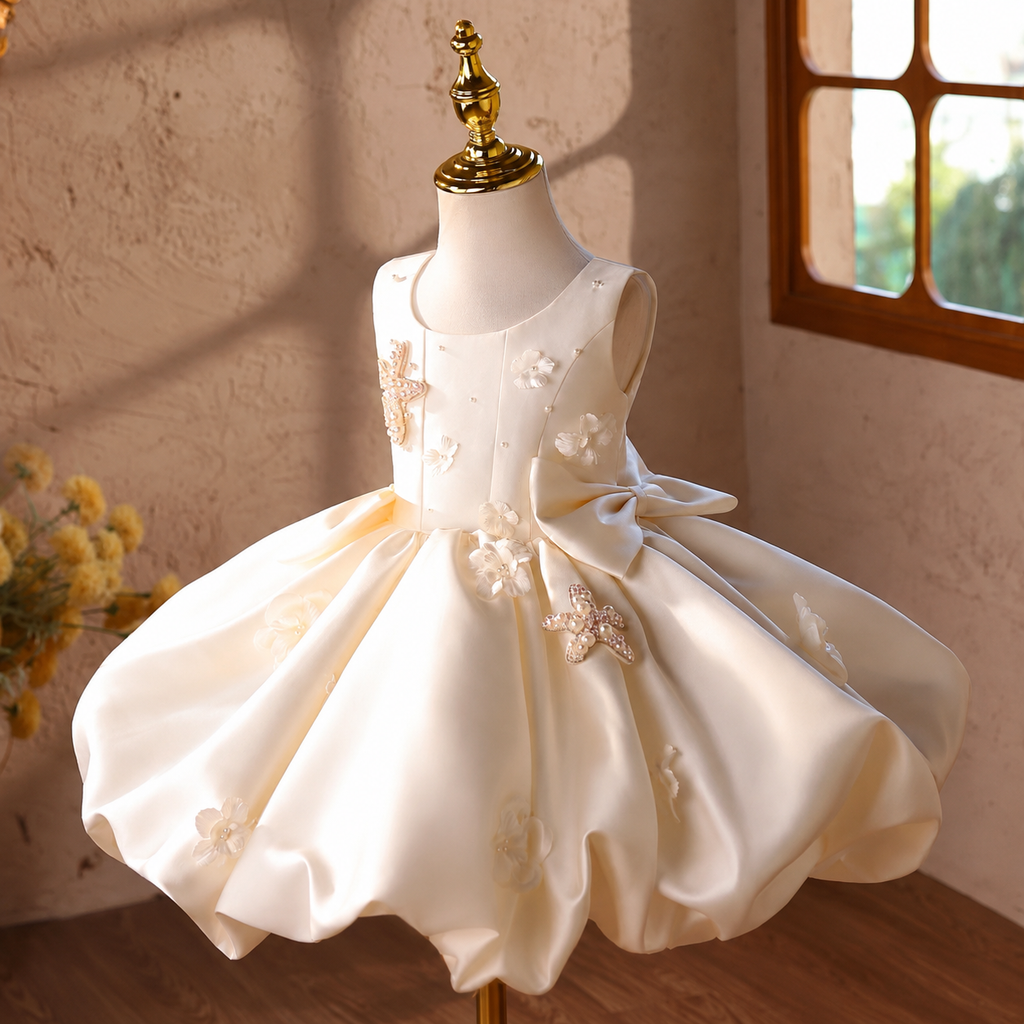 Angled view of an ivory flower girl dress with dimensional floral decorations, pearl-style accents, butterfly embellishments, a large side bow, and a full ball gown skirt.
