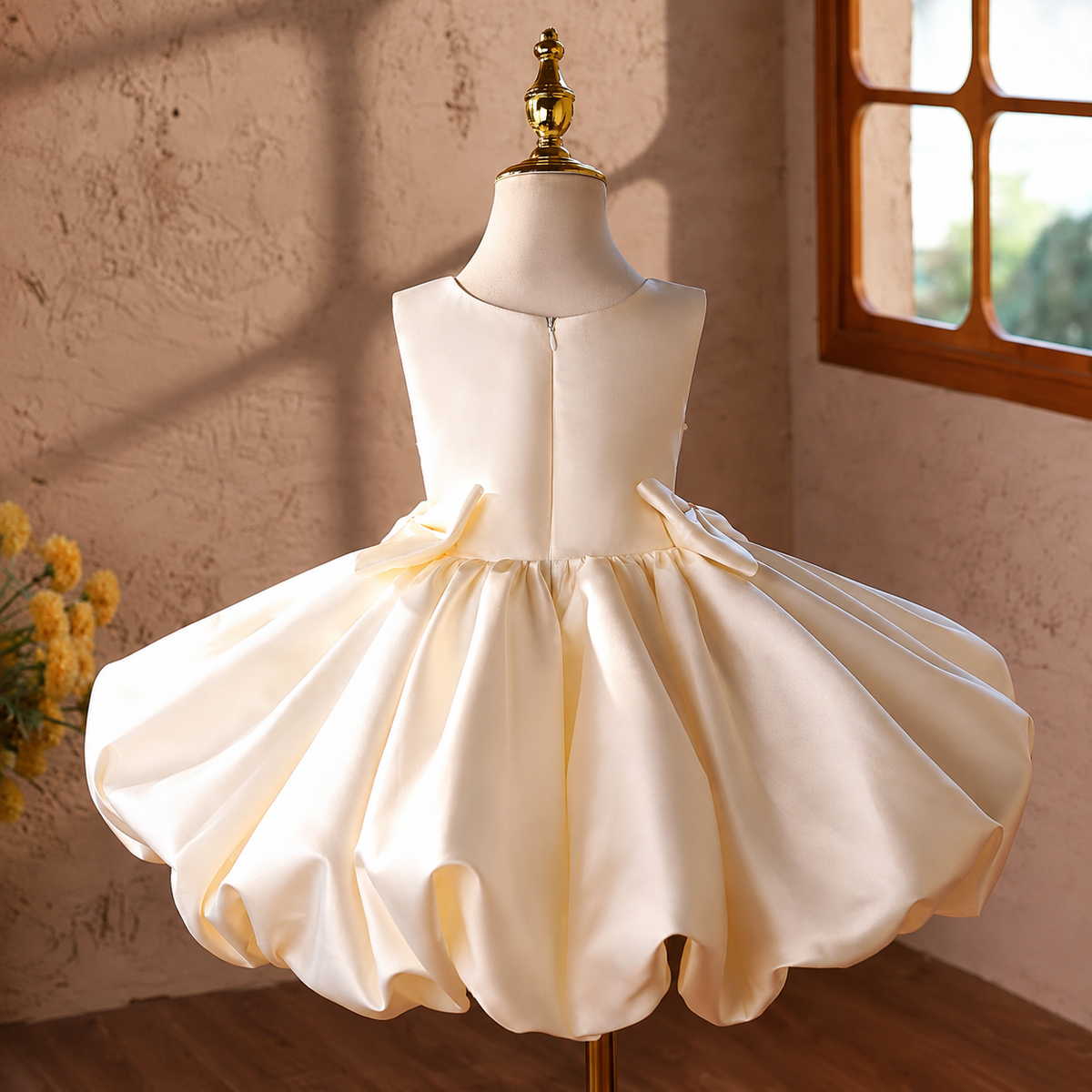 Back view of an ivory girls' princess ball gown with a smooth sleeveless bodice, center back zipper, full sculpted skirt, and decorative side bow details.
