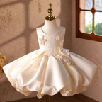 Front view of an ivory princess dress for girls featuring a sleeveless bodice, delicate floral appliques, pearl embellishments, butterfly accents, and a voluminous satin-look ball gown skirt.