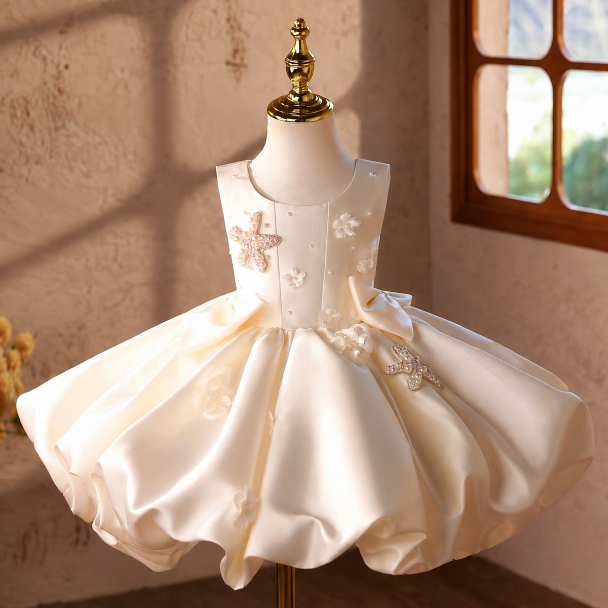 Front view of an ivory princess dress for girls featuring a sleeveless bodice, delicate floral appliques, pearl embellishments, butterfly accents, and a voluminous satin-look ball gown skirt.