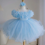 Light blue girls' princess dress with dimensional floral bodice details, a matching flower headpiece, and a voluminous tulle skirt.