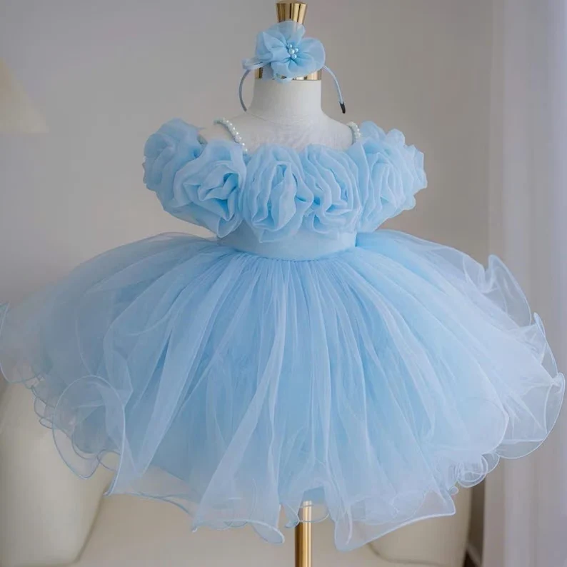 Light blue girls' princess dress with dimensional floral bodice details, a matching flower headpiece, and a voluminous tulle skirt.