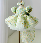 Angled view of a pastel floral baby princess gown with voluminous puff sleeves, a full flared skirt, white underskirt layers, and delicate green, blue, yellow, and ivory floral details.