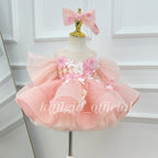 Front view of a blush pink girls' princess dress with pink and white 3D floral embellishments, sheer puff sleeves, and a full layered skirt.