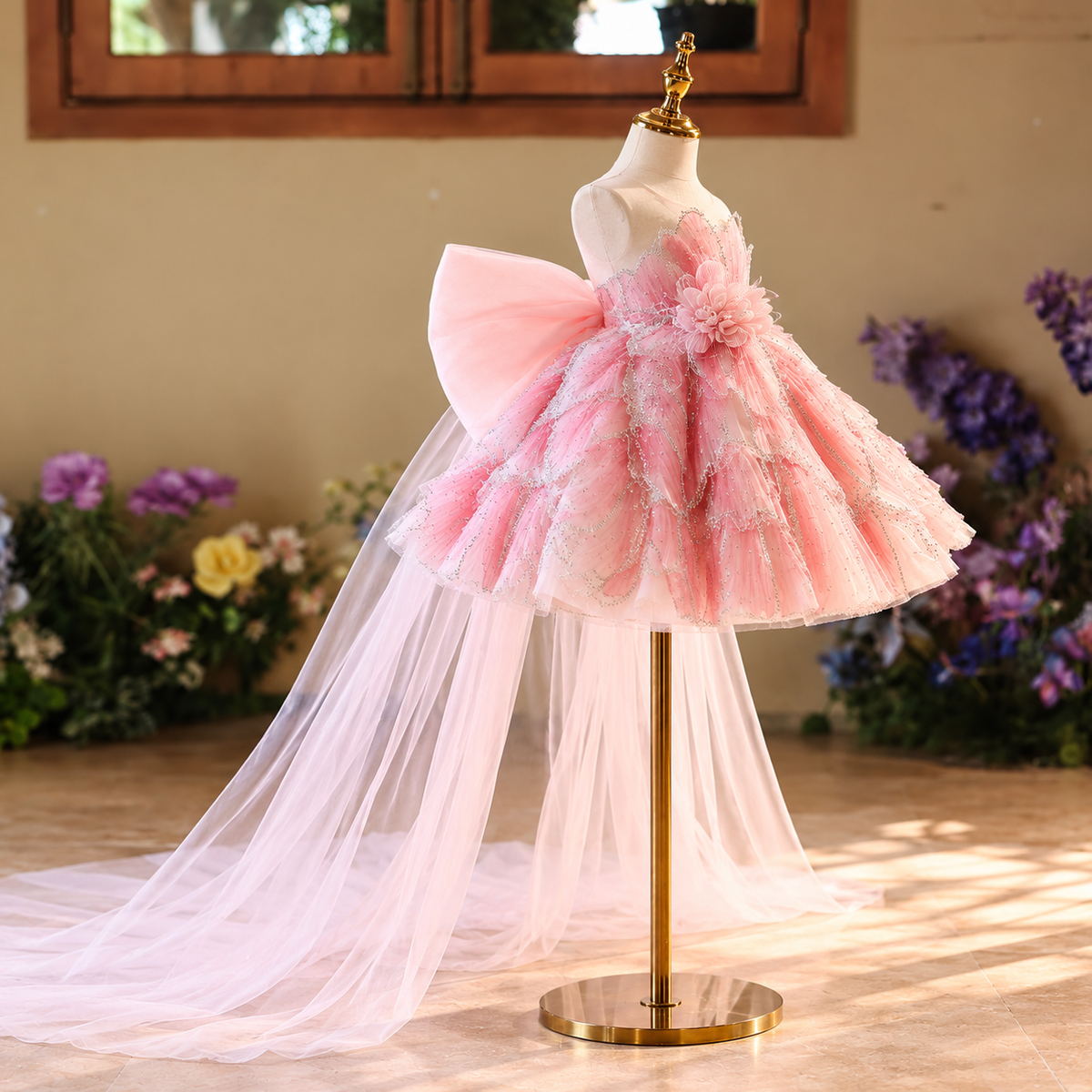 Side view of pink girls tulle princess dress showing a layered floral-inspired skirt, decorative shimmer and sweeping sheer tulle train.
