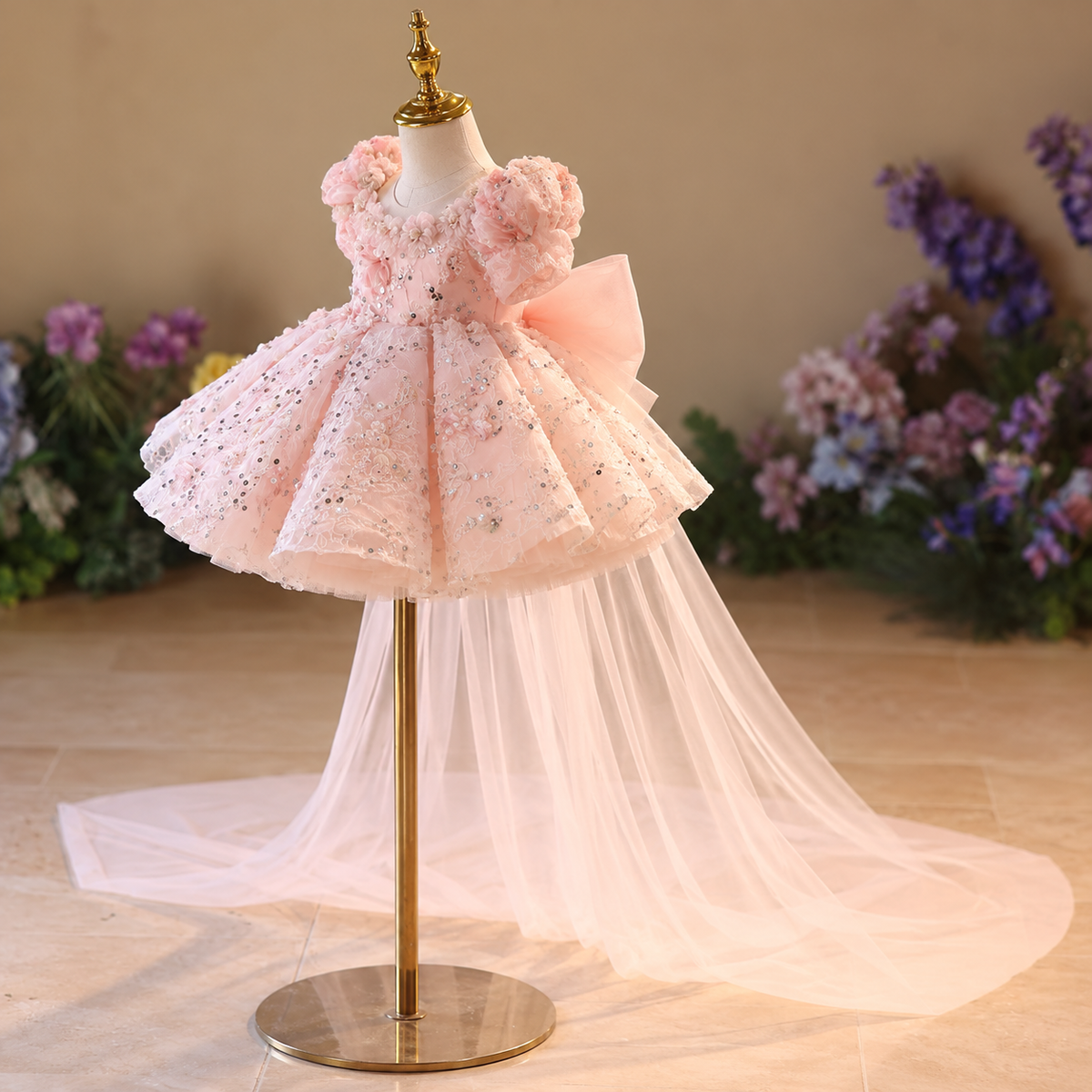 Side view of pink girls tulle princess dress with layered skirt and long flowing train