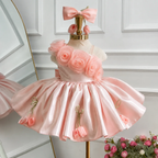 Pink rose princess dress for girls with floral one-shoulder bodice and full satin skirt front view