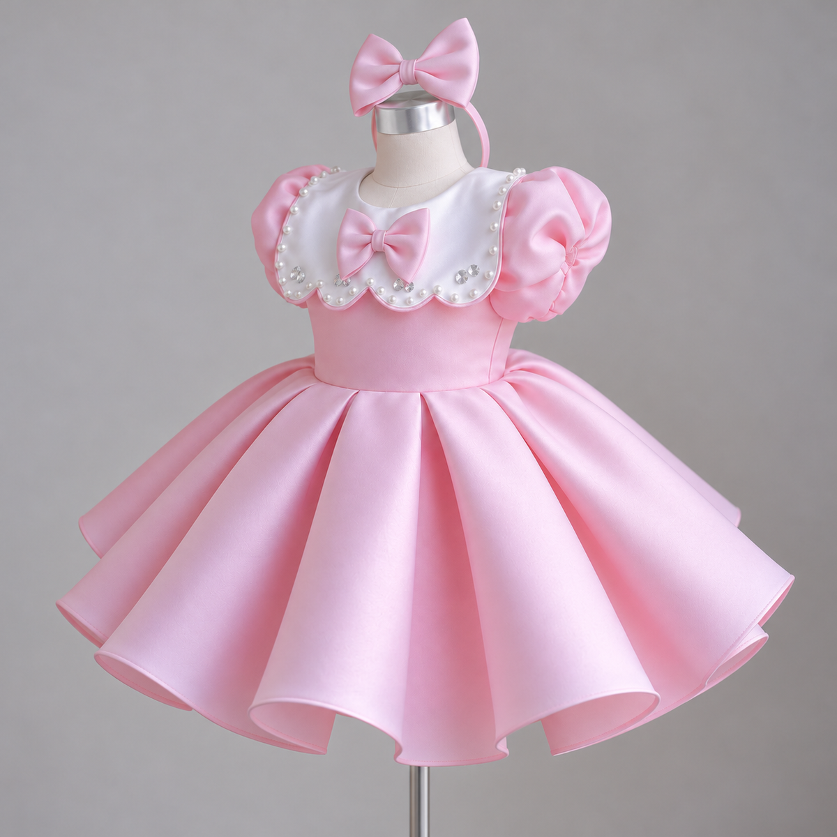 Angled view of a pink satin flower girl dress with puff sleeves, a pearl-trimmed white collar, a decorative bow, and a full princess-style skirt.