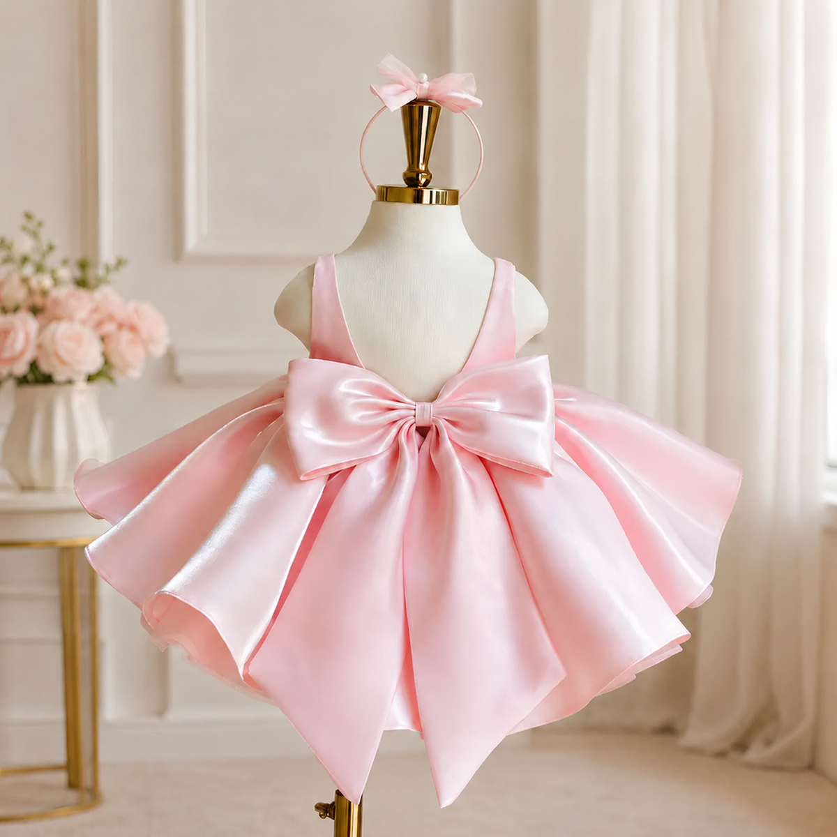Back view of a pink satin princess dress for girls featuring a deep V back and an oversized satin bow.