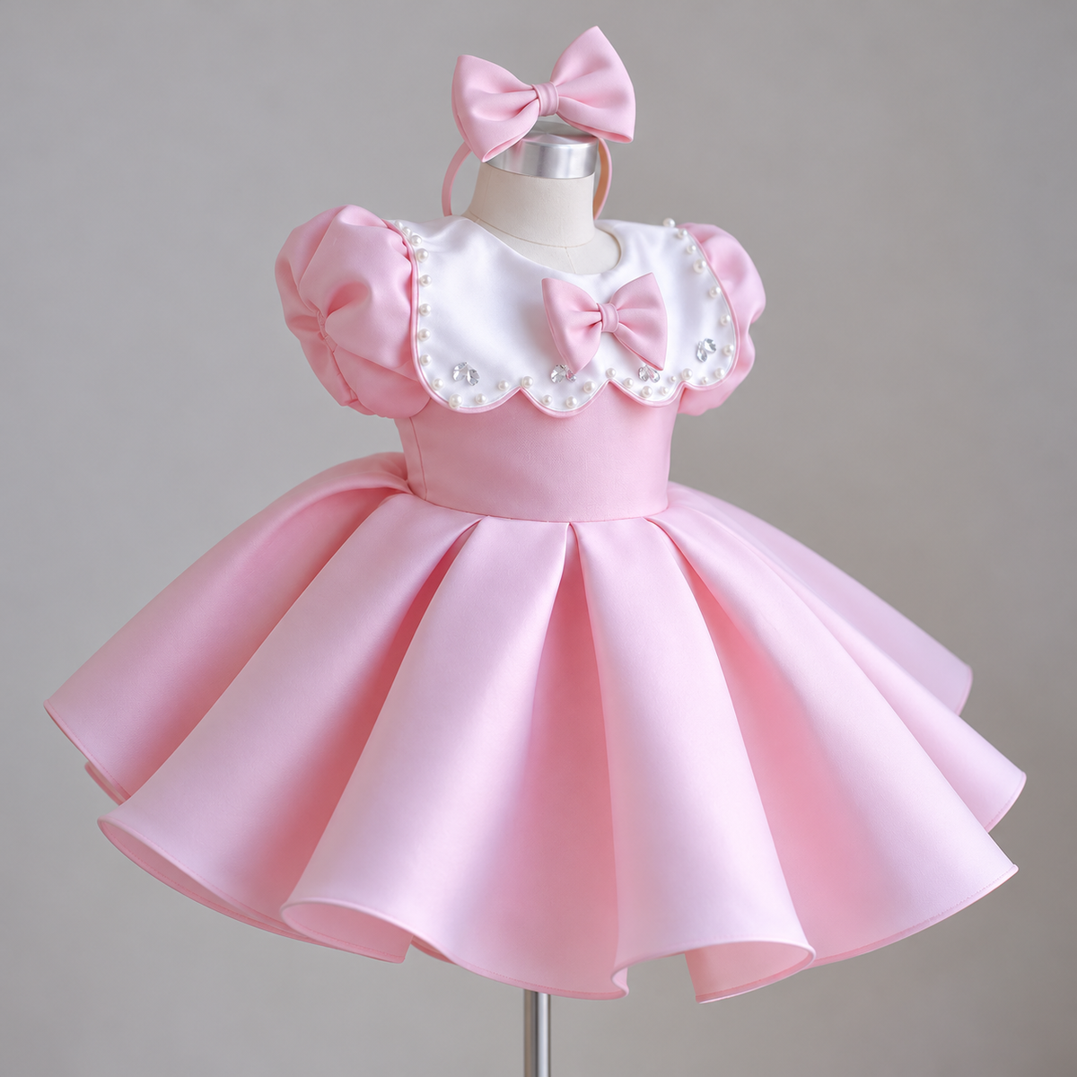 Three-quarter view of a pink satin princess party gown for girls featuring a scalloped white collar, pearl and crystal-style embellishments, puff sleeves, and a matching bow headband.