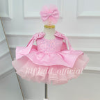 Pink girls princess dress bodice with sparkling sequins, shoulder straps and layered ruffle skirt detail