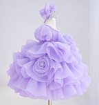 Purple princess dress showing layered ruffle details, dimensional rose decorations, pearl accents and puff sleeves