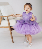 Purple sequin princess dress for toddlers with a structured peplum waist and fluffy layered tulle skirt