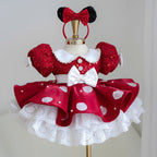 Red polka dot princess dress for girls with sparkling puff sleeves, white collar, pearl accents, waist bow and lace hem