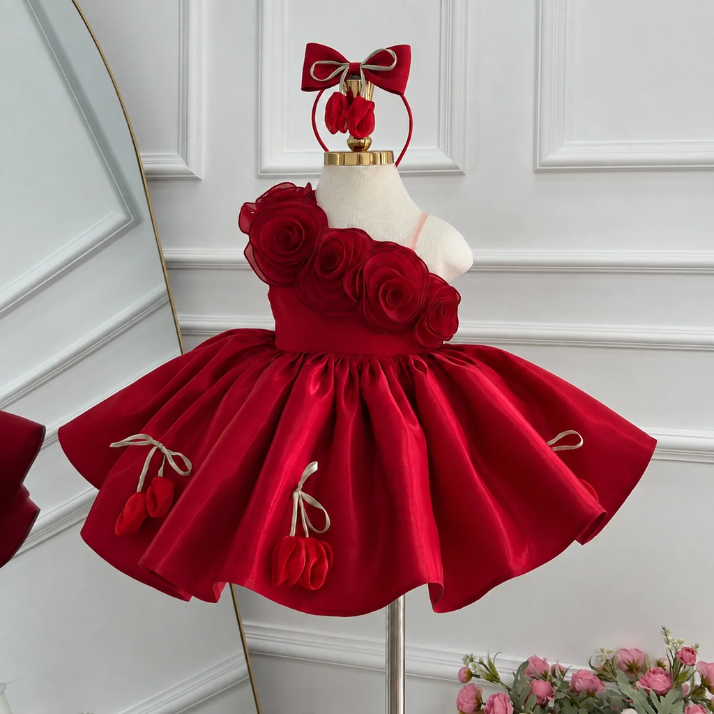 Red rose princess dress for girls with one-shoulder floral bodice and full satin skirt front view