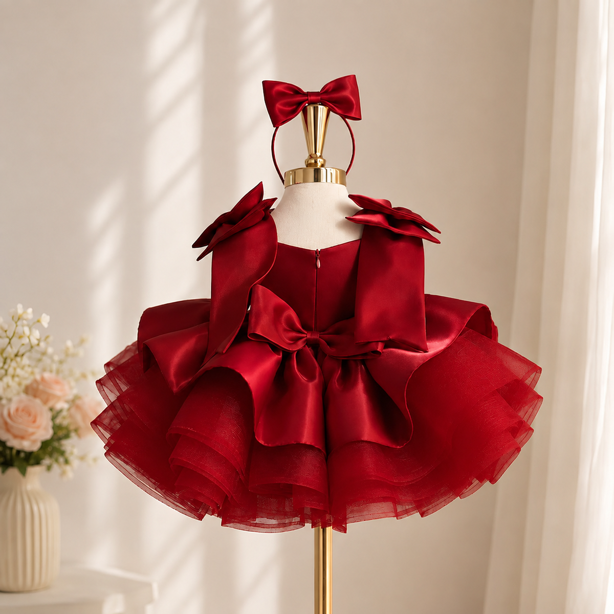Back view of red satin princess dress for girls with layered shoulder details, rear waist bow and voluminous tiered skirt
