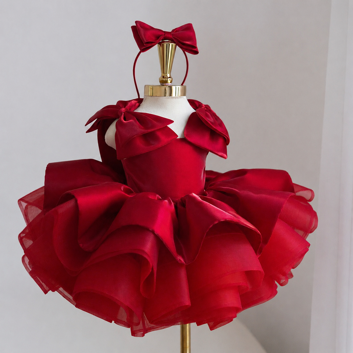 Red satin princess dress for girls with sculpted shoulder bows, dramatic layered ruffle skirt and matching red bow headband, front view