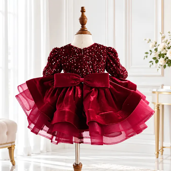 Red sequin princess dress for girls with large back bow and layered tulle skirt back view