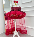Red sequin princess dress for girls with layered tulle skirt and floral tulle panels front view