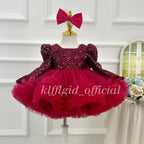 Red sequin princess dress for girls with full ruffled tulle skirt front view