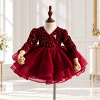 Red sequin princess dress for girls with long sleeves and layered tulle skirt front view