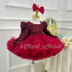 Red sparkly girls princess dress with ruffled tulle skirt and floral sheer panels side angle