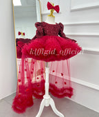 Red sparkly princess dress for girls with sequin bodice and layered tulle skirt three-quarter view