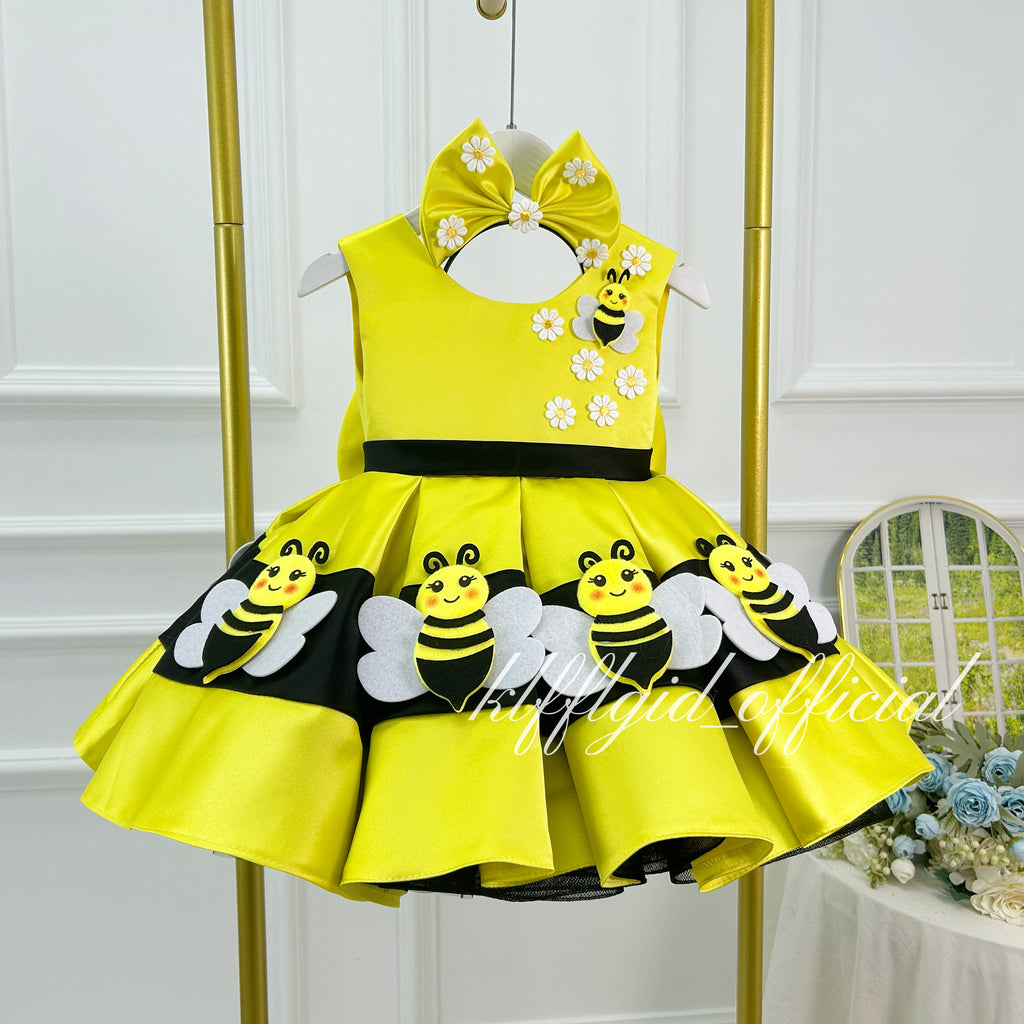 Toddler Girls Yellow Bee Daisy Satin Tutu Princess Birthday Party Dress | KLFFLGID