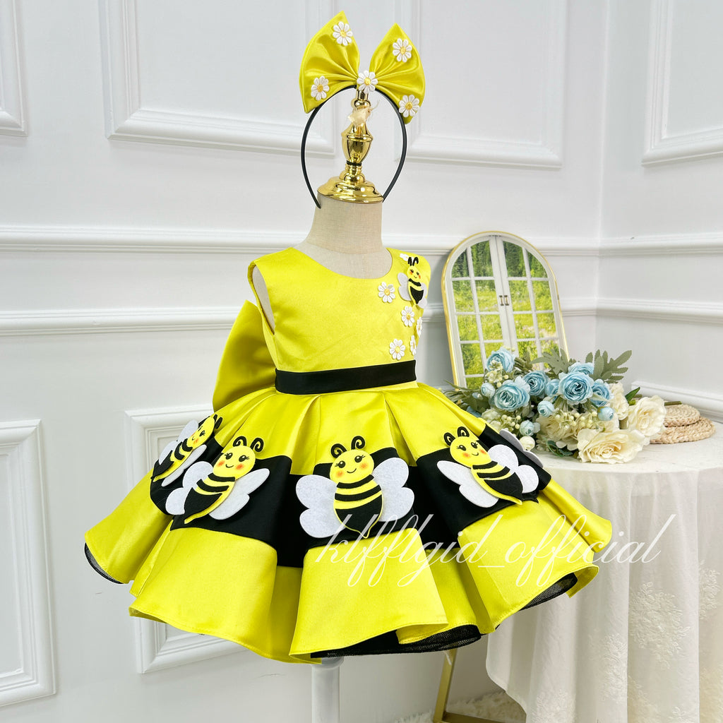 Toddler Girls Yellow Bee Daisy Satin Tutu Princess Birthday Party Dress | KLFFLGID