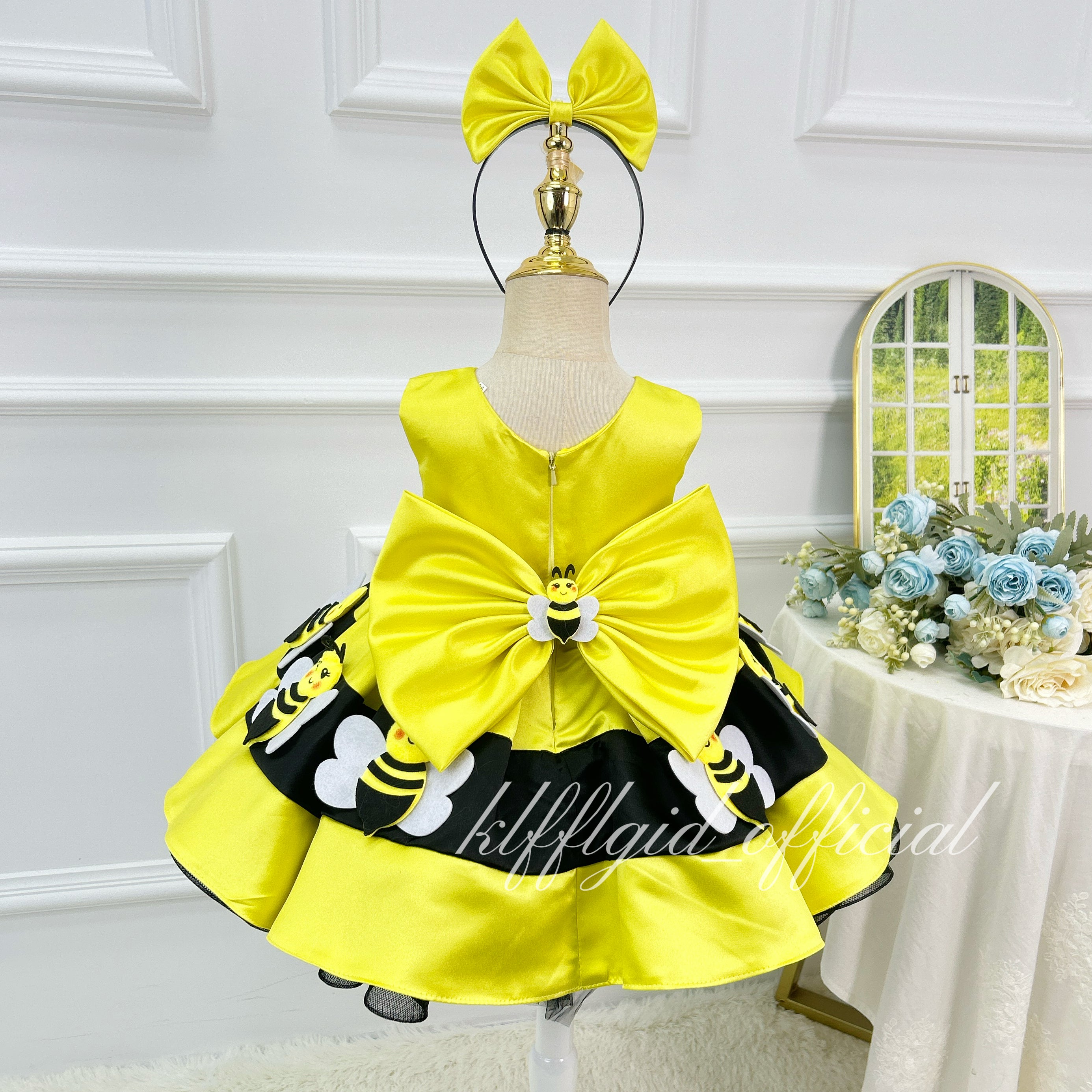 Toddler Girls Yellow Bee Daisy Satin Tutu Princess Birthday Party Dress | KLFFLGID