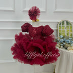 Burgundy Sequin Puff Sleeve Ruffle Tulle Princess Birthday Party Dress | KLFFLGID