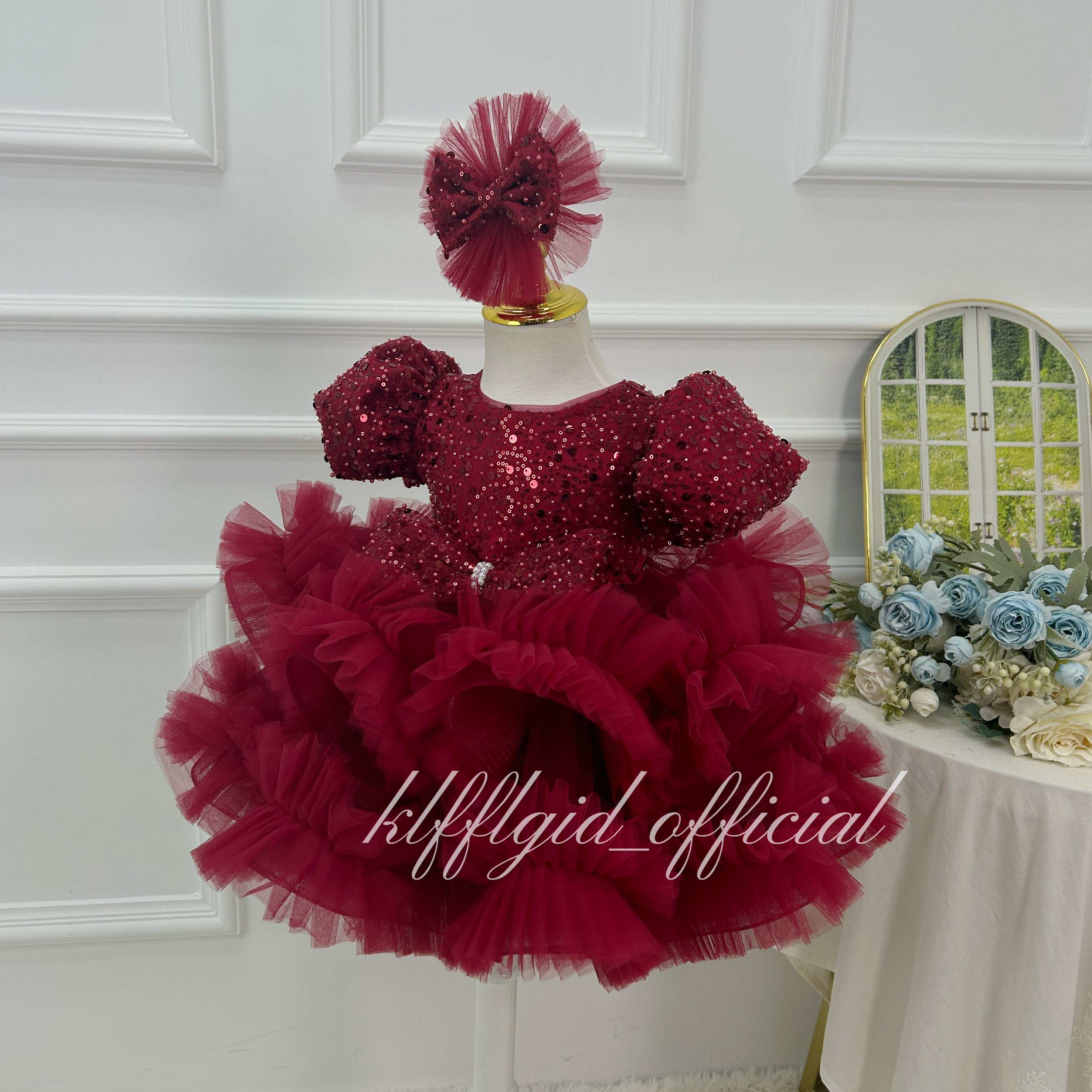 Burgundy Sequin Puff Sleeve Ruffle Tulle Princess Birthday Party Dress | KLFFLGID