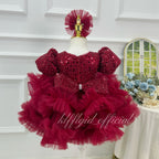 Burgundy Sequin Puff Sleeve Ruffle Tulle Princess Birthday Party Dress | KLFFLGID