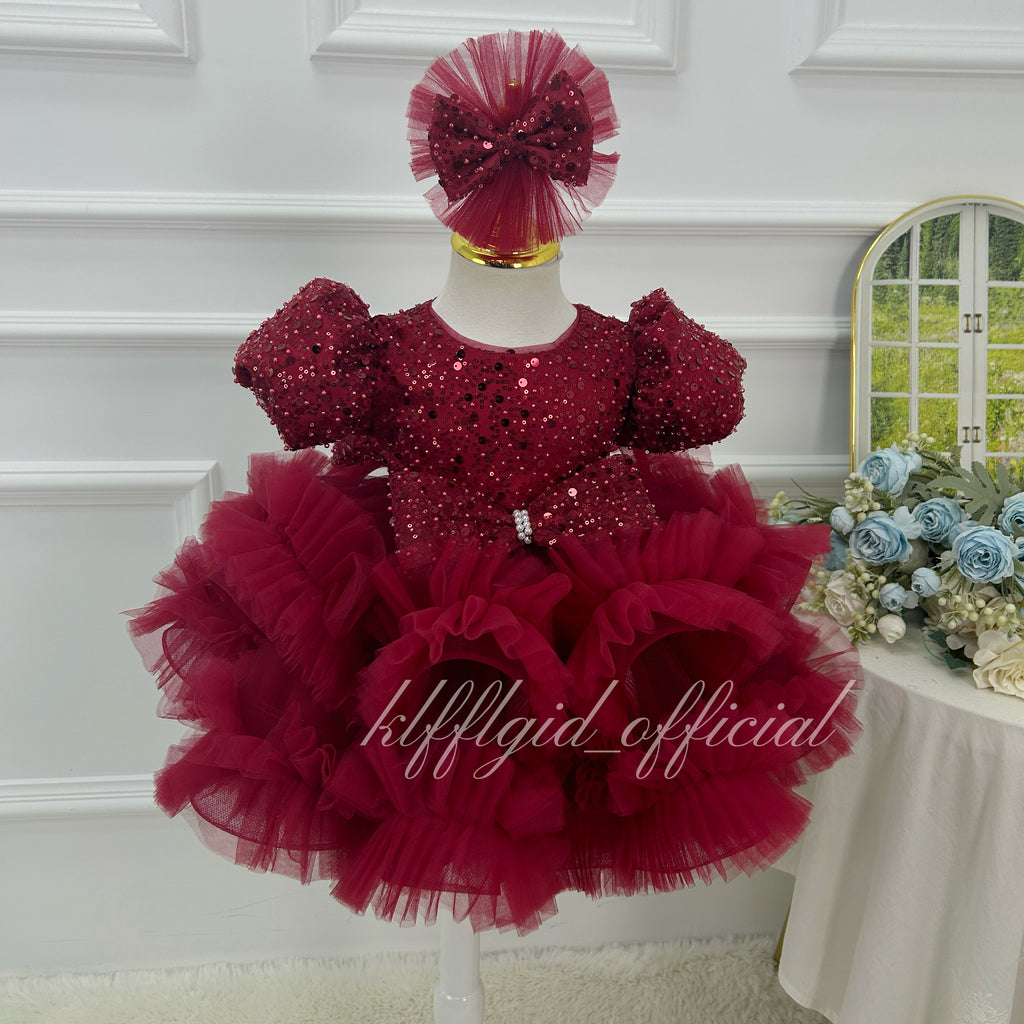 Burgundy Sequin Puff Sleeve Ruffle Tulle Princess Birthday Party Dress | KLFFLGID