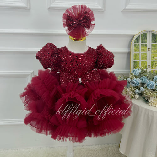 Burgundy Sequin Puff Sleeve Ruffle Tulle Princess Birthday Party Dress | KLFFLGID