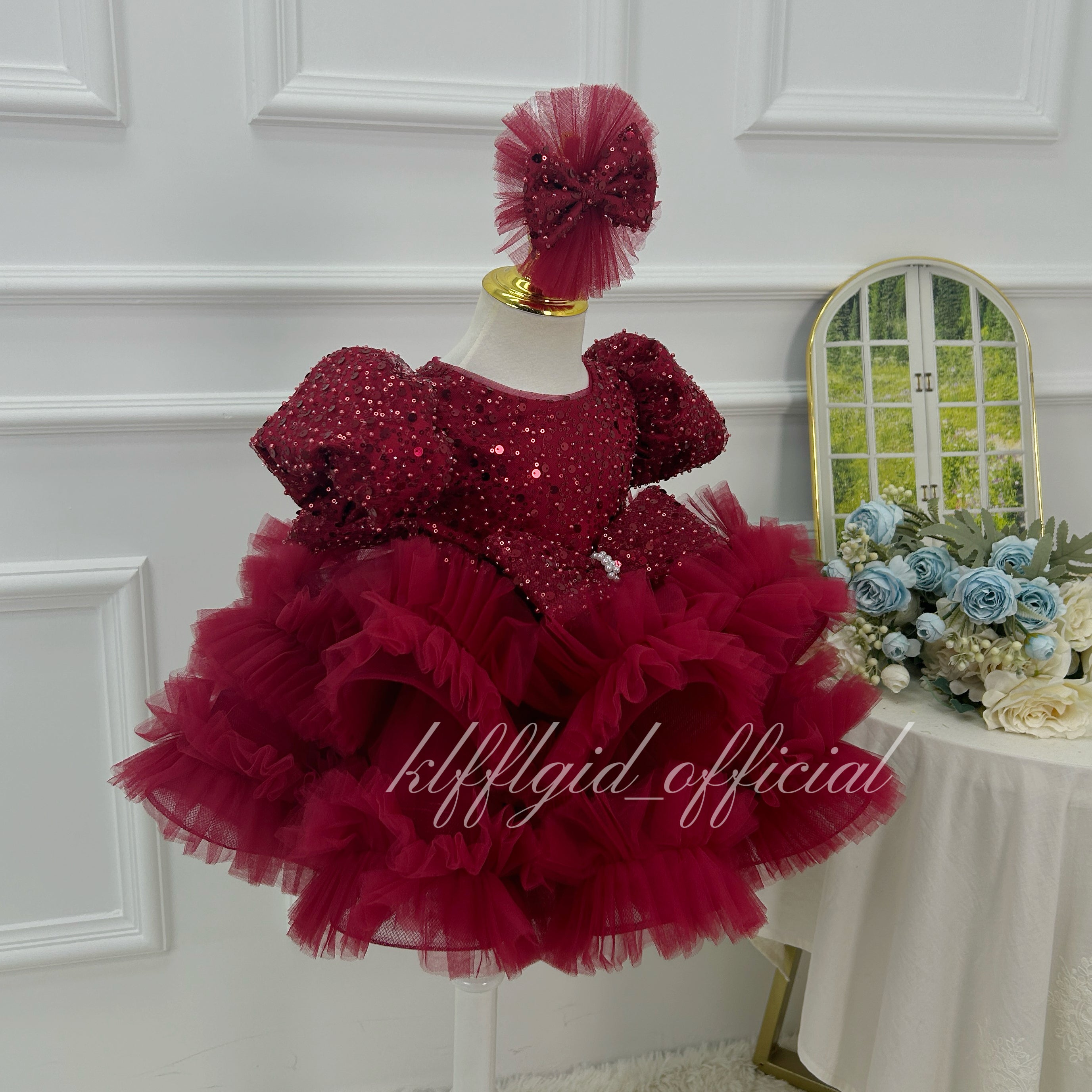 Burgundy Sequin Puff Sleeve Ruffle Tulle Princess Birthday Party Dress | KLFFLGID
