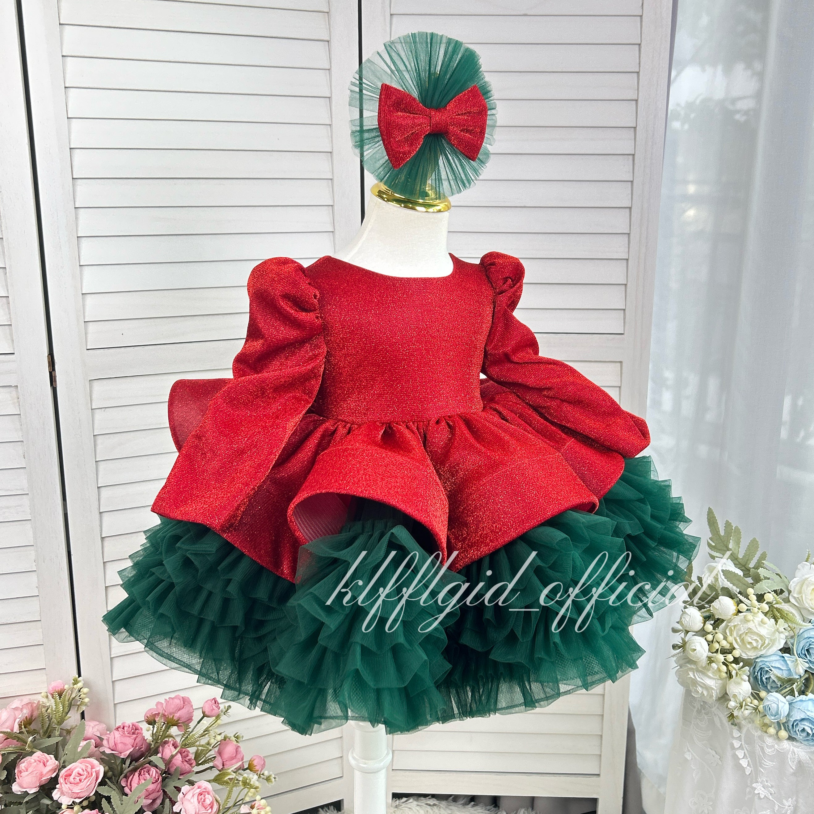 Christmas Red Glitter Long Sleeve Tulle Princess Birthday Party Dress KLFFLGID