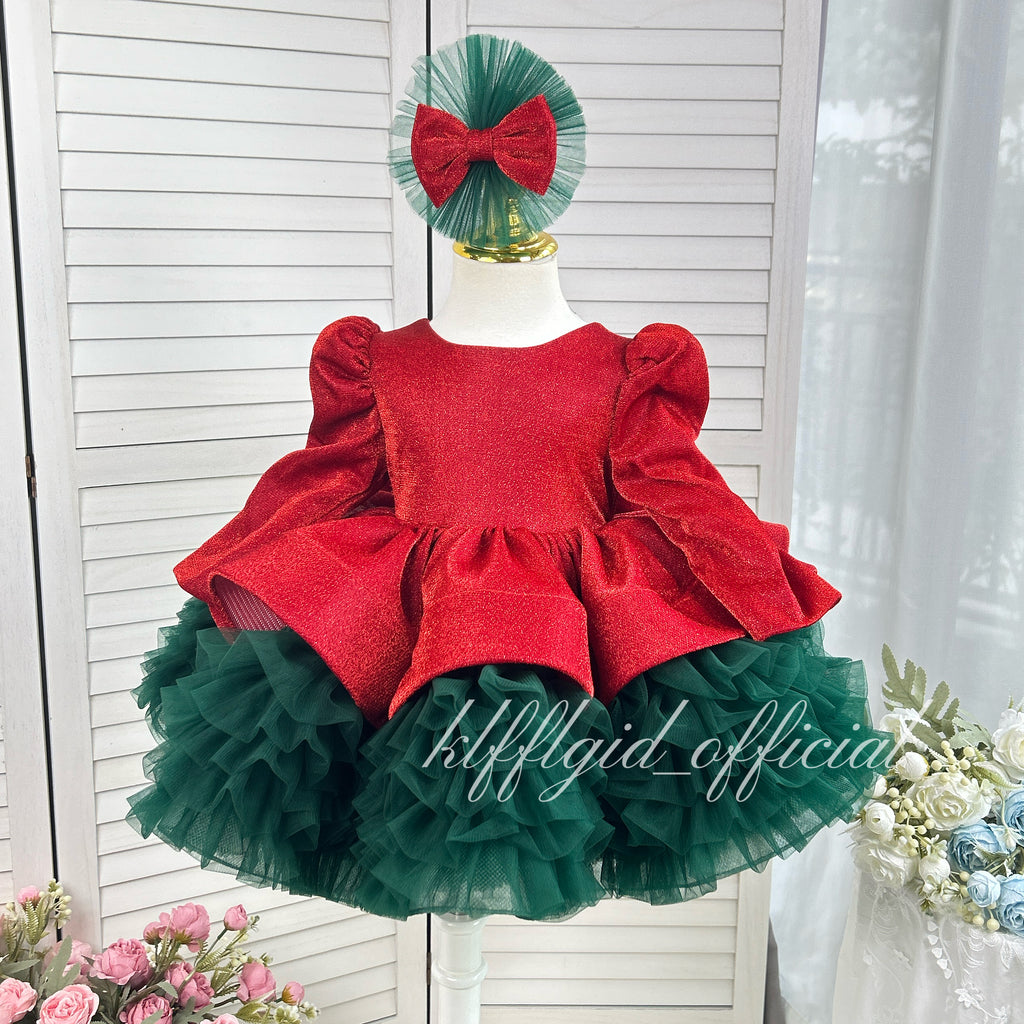 Christmas Red Glitter Long Sleeve Tulle Princess Birthday Party Dress KLFFLGID