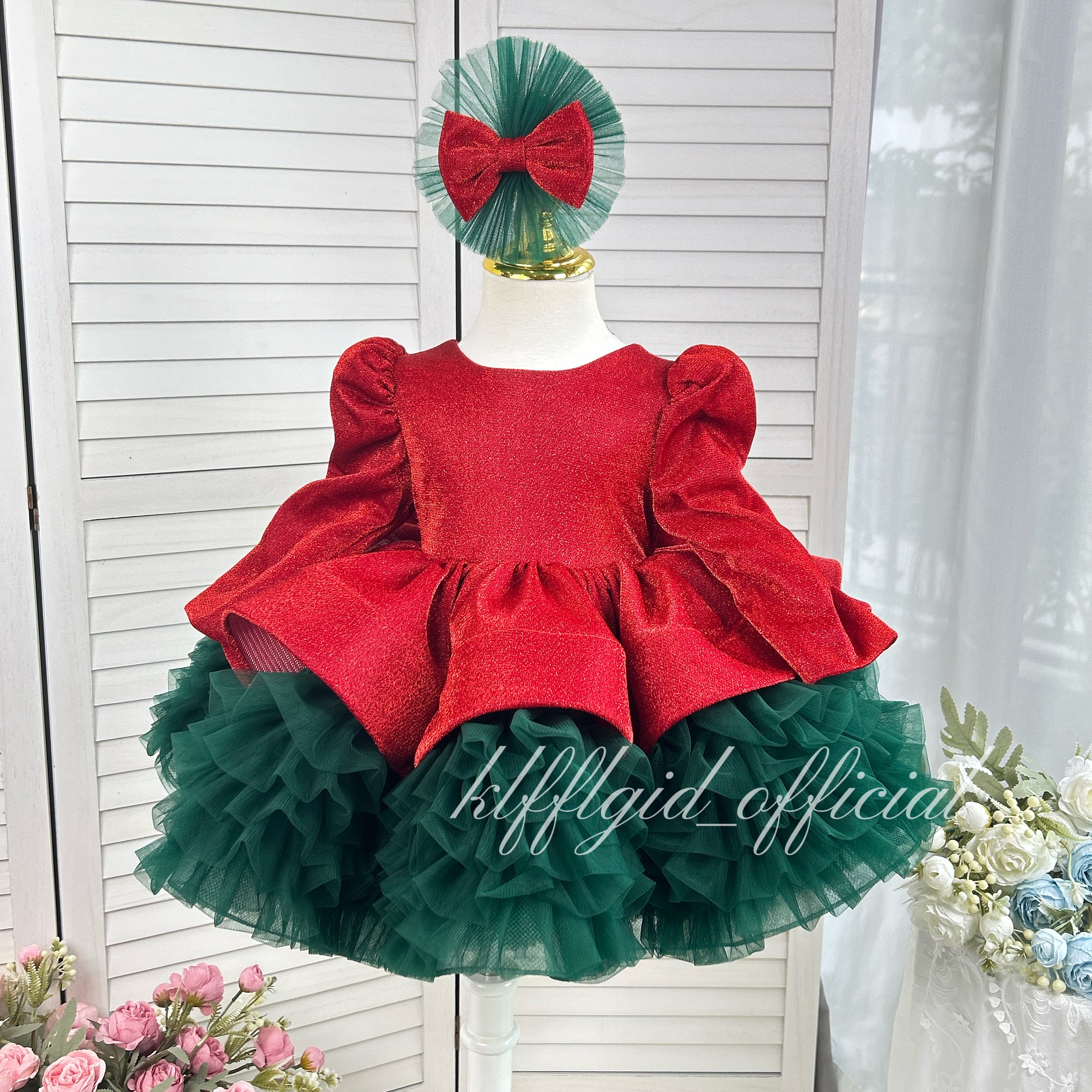 Christmas Red Glitter Long Sleeve Tulle Princess Birthday Party Dress KLFFLGID