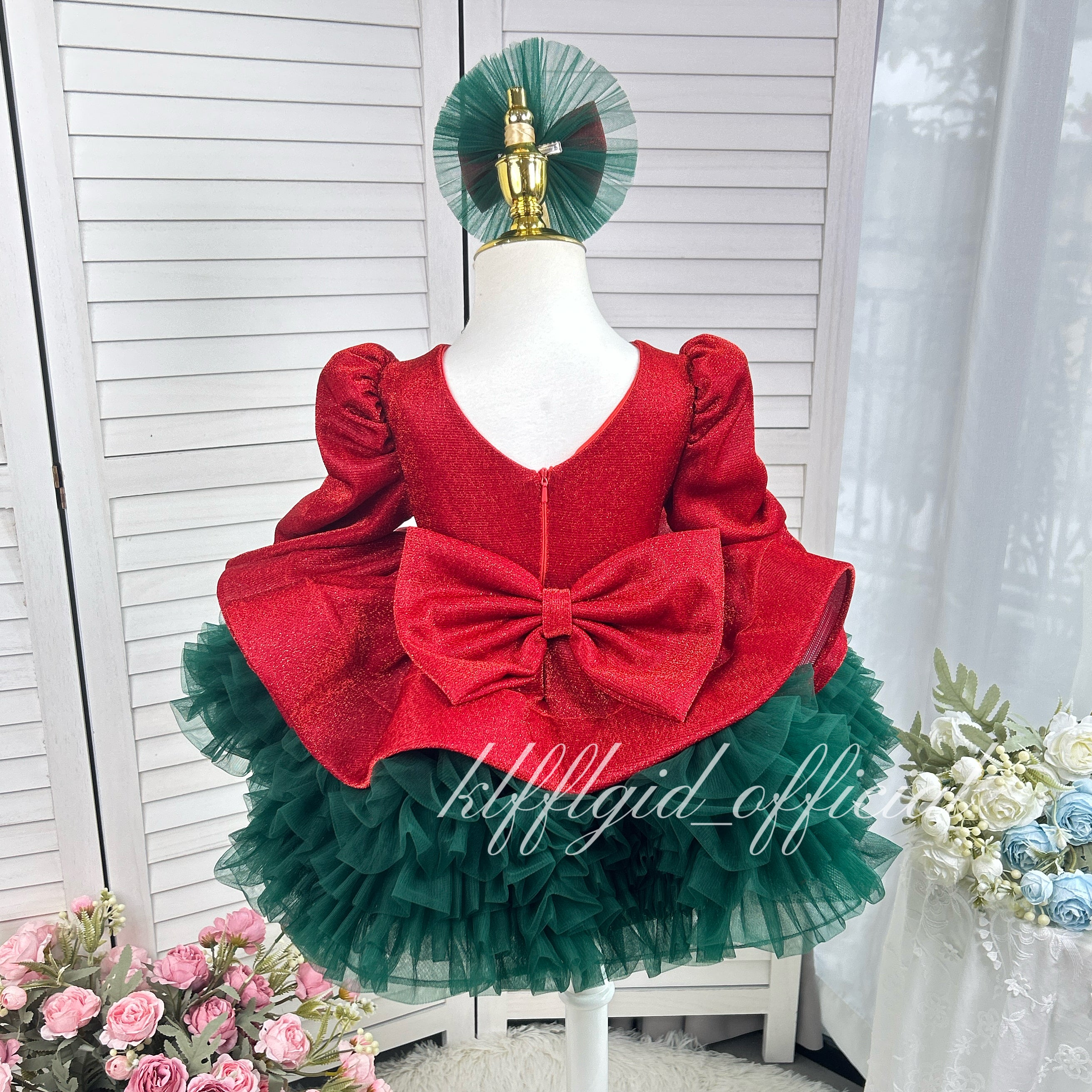 Christmas Red Glitter Long Sleeve Tulle Princess Birthday Party Dress KLFFLGID