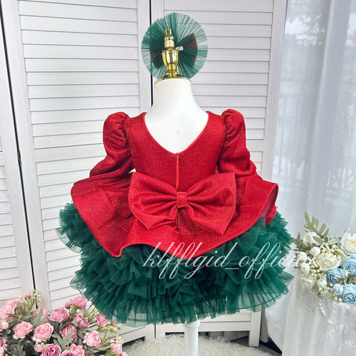Christmas Red Glitter Long Sleeve Tulle Princess Birthday Party Dress | KLFFLGID