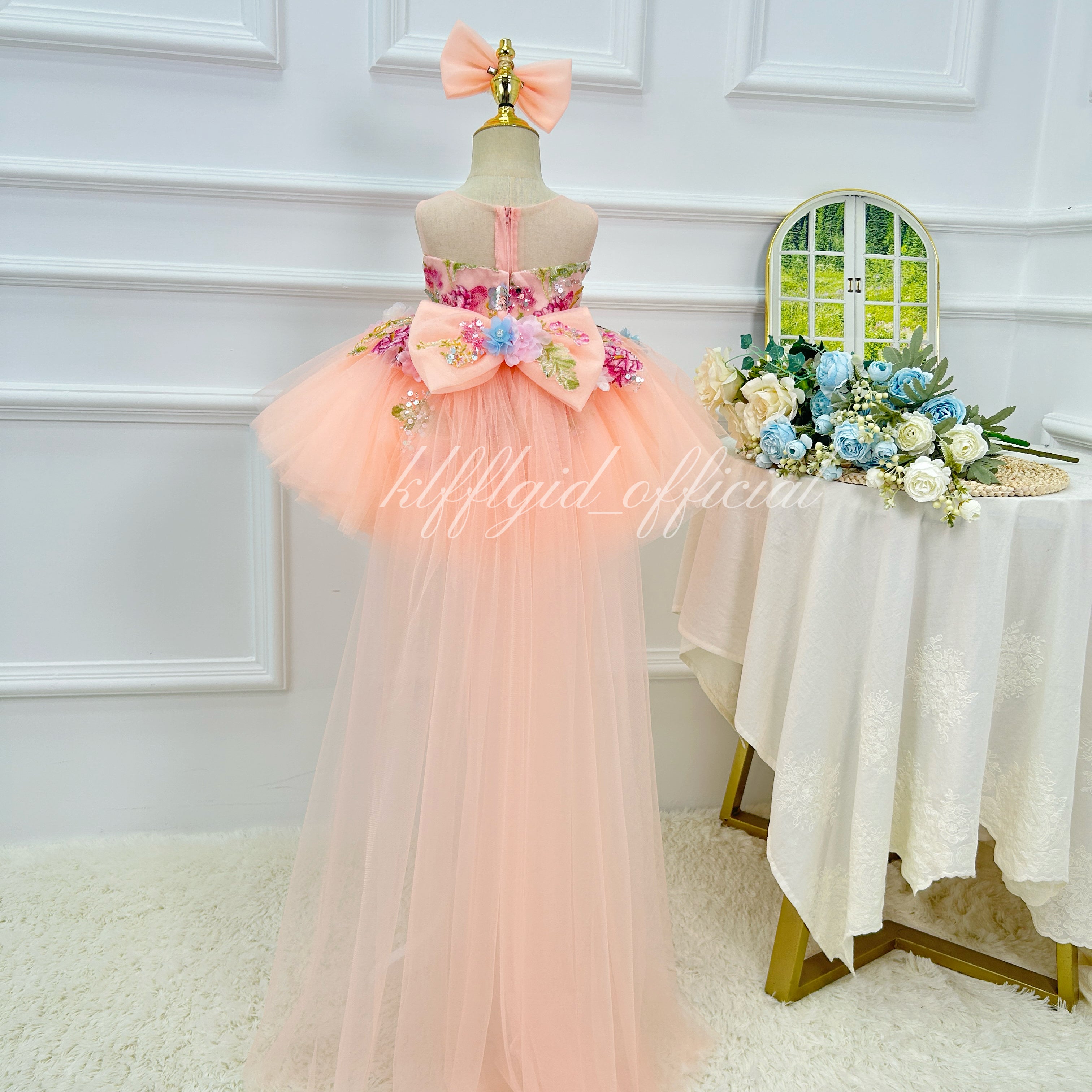 Toddler Girls Peach Floral Trailing Tulle Princess Birthday Party Dress | KLFFLGID