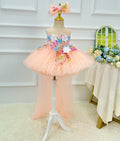Toddler Girls Peach Floral Trailing Tulle Princess Birthday Party Dress | KLFFLGID