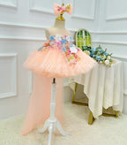 Toddler Girls Peach Floral Trailing Tulle Princess Birthday Party Dress | KLFFLGID