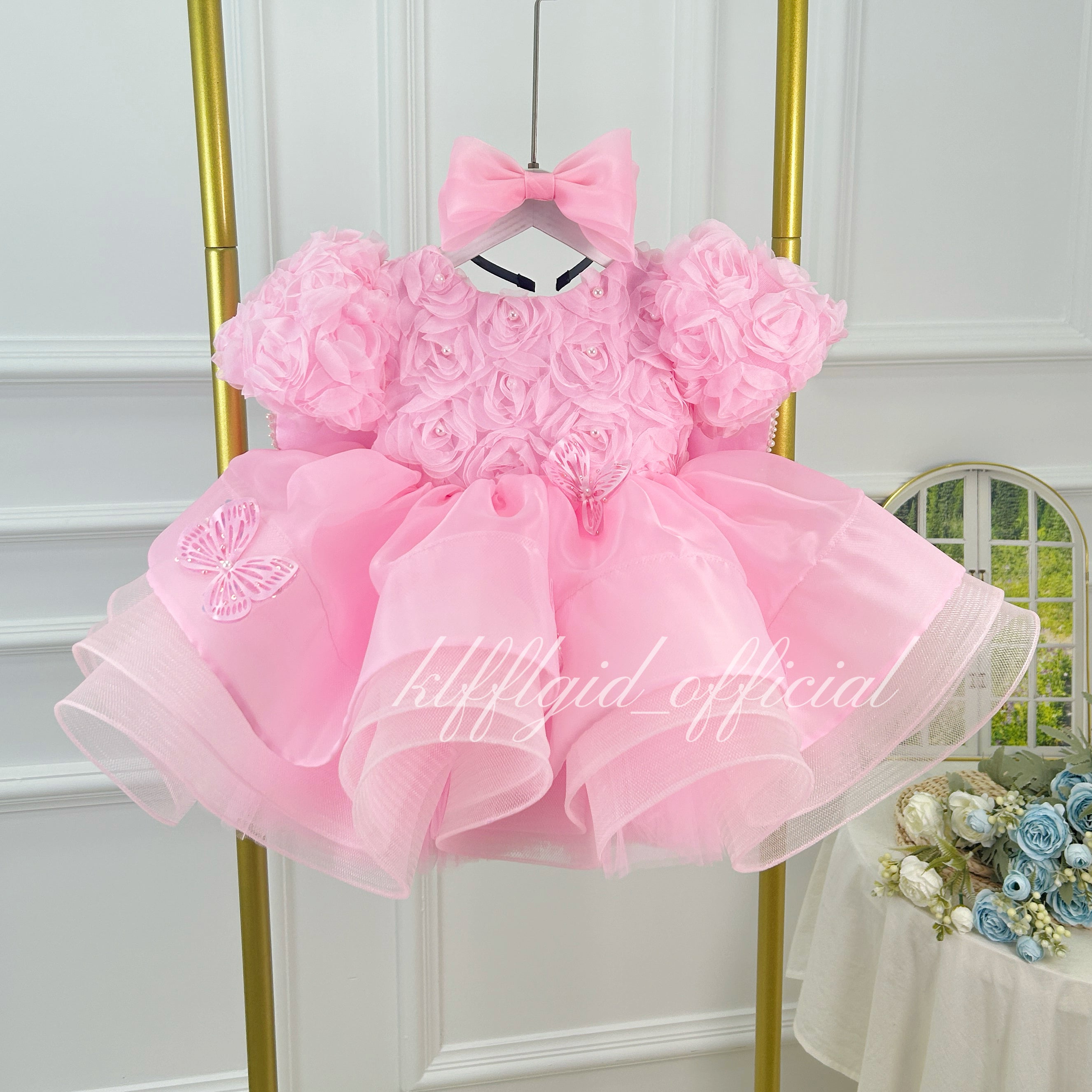 Toddler Girls 3D Rose Butterfly Wing Tulle Princess Birthday Party Dress | KLFFLGID