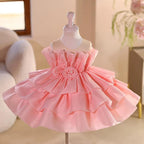 Pink Ruffle Rose Bow Train Princess Birthday Evening Dress | KLFFLGID